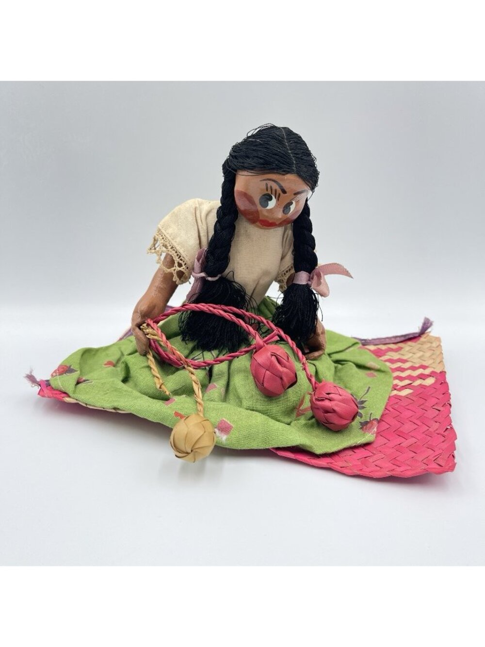 Vintage Mexican Folk Art Doll Women Sitting on Woven Mat Handmade Painted